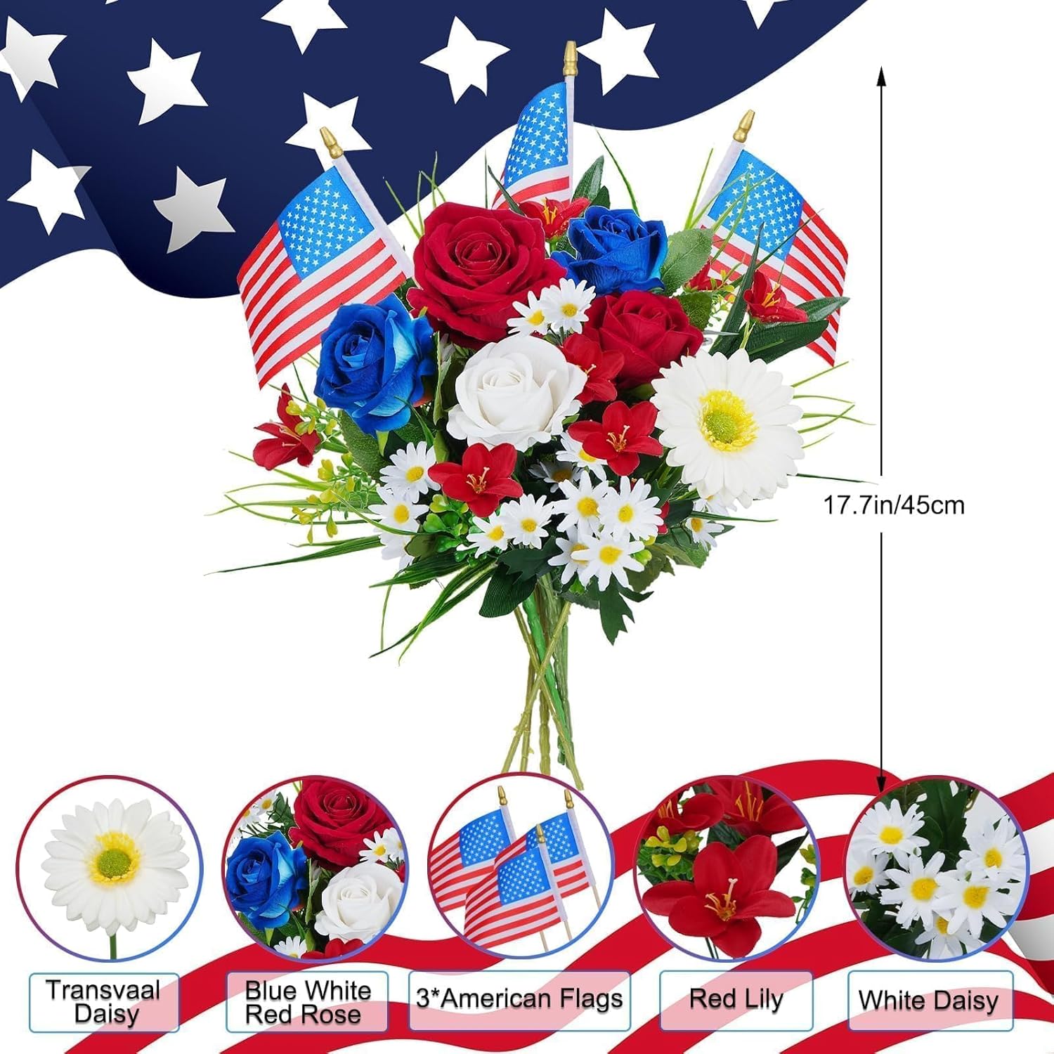 HUAESIN Memorial Day Artificial Cemetery Flowers with American Flags - Patriotic Silk Flowers for 4th of July