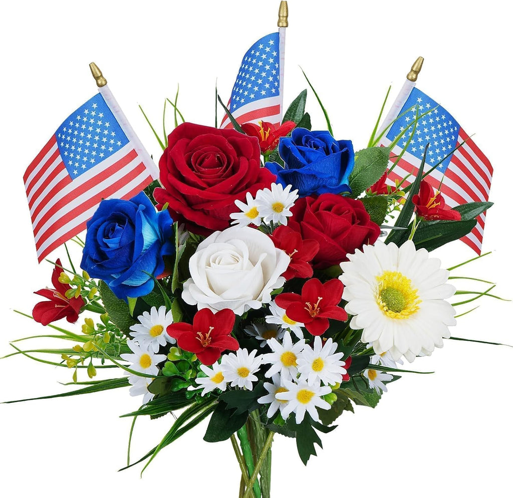 HUAESIN Memorial Day Artificial Cemetery Flowers with American Flags - Patriotic Silk Flowers for 4th of July