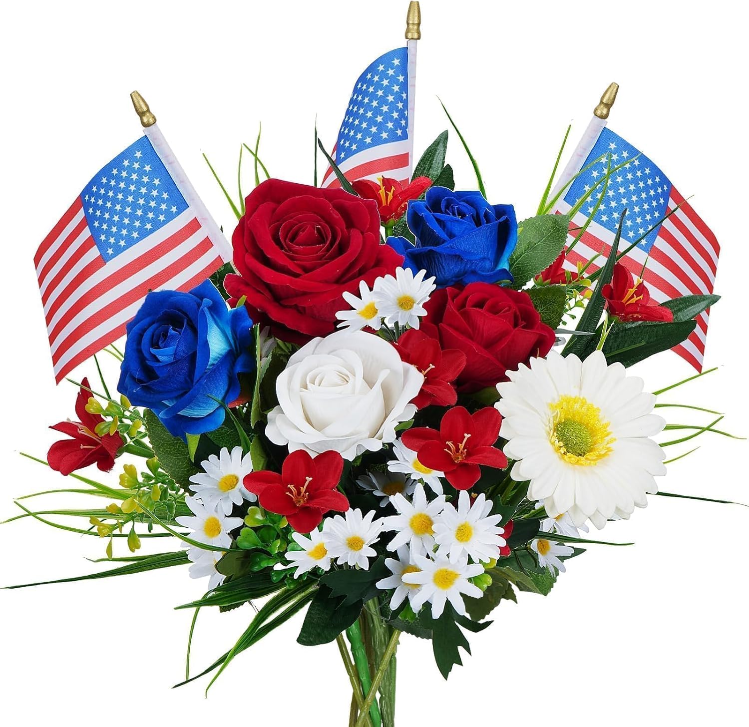 HUAESIN Memorial Day Artificial Cemetery Flowers with American Flags - Patriotic Silk Flowers for 4th of July