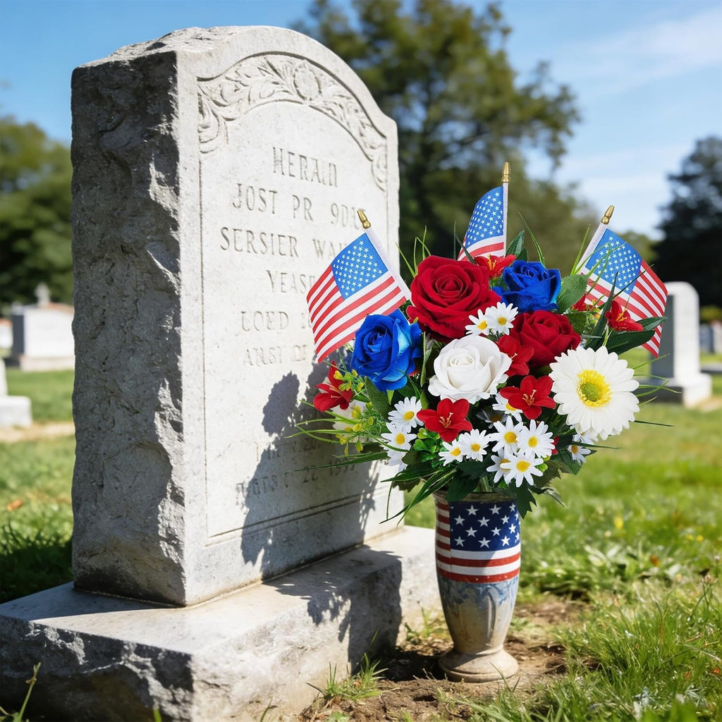 HUAESIN Memorial Day Artificial Cemetery Flowers with American Flags - Patriotic Silk Flowers for 4th of July